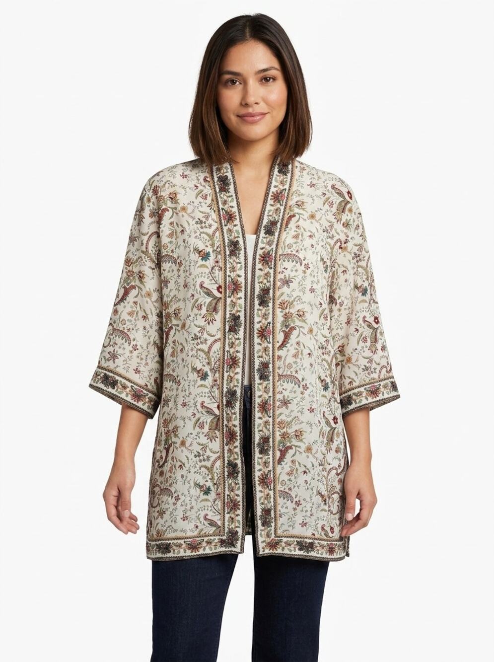 Max Studio 8701D20 Ivory Floral Open Front Kimono Jacket Women Size L